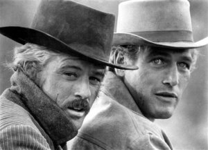 A publicity shot from the 1969 American Western film, "Butch Cassidy and the Sundance Kid," starring Robert Redford (left) and Paul Newman. Newman died in September of 2008 of cancer.