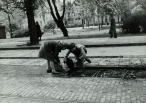 The Hunger Winter, 1944-45. Wood is taken from the tram rail in Holland to burn as fuel.
