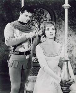 Robert Goulet as Lancelot and Julie Andrews as Queen Guenevere in the 1960 Broadway production of "Camelot"