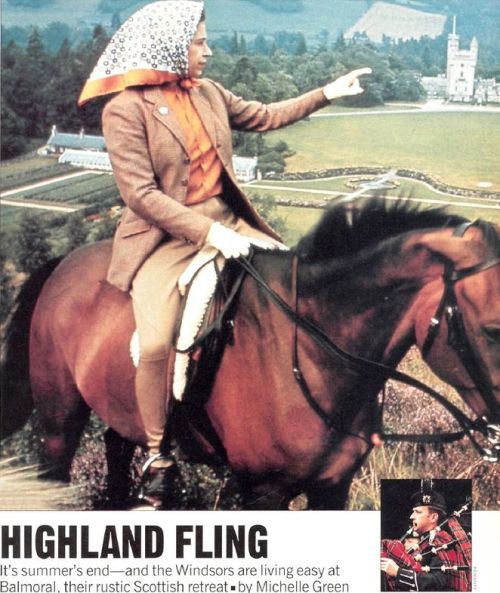 This 1994 People magazine photograph shows Queen Elizabeth II at Balmoral, her Scottish Highland hideaway every August. Whether at Balmoral, Windsor Castle, or Buckingham Palace, the Queen's weekdays start with a fifteen-minute bagpipe serenade. When at Balmoral, the pipers wear the Balmoral tartan.