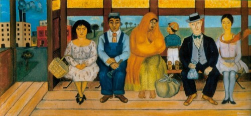 "The Bus," by Frida Kahlo (1929). Frida painted her recollection of the last moments aboard the bus before the terrible accident that robbed her of her health. She is pictured on the far right. Notice that she is not dressed in traditional Mexican costume. She adopted that exotic look later, after her 1929 marriage to flamboyant Mexican muralist Diego Rivera.