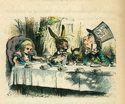 "The Mad Hatter's Tea Party." ="Though he did not create the expression "mad as a hatter," author Lewis Carroll did create the eccentric character in his book, Alice in Wonderland (illustrations by Sir John Tenniel), first released in London in 1865, coincidentally, the year Lincoln was assassination. The hatter in the book is an eccentric fellow with wacky ideas and incoherent speech, attributes attributed to hatters of the day. Mercury was used in hatmaking and its poisonous vapors caused neurological damage on the hatters.