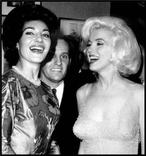 Greek opera diva Maria Callas laughs it up with Marilyn Monroe at President Kennedy's 45th birthday bash at Madison Square Garden, May  19, 1962. Marilyn Monroe was President Kennedy's lover. Maria Callas was the off-and-on lover of Aristotle Onassis, Jackie Kennedy's 2nd husband. 