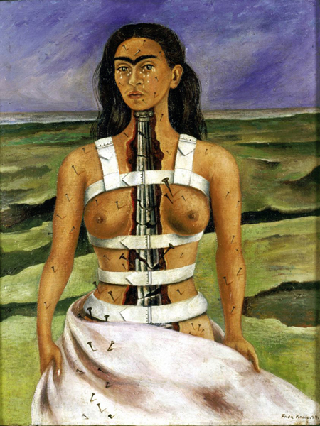 "The Broken Column," by Frida Kahlo (1944). This self-portrait shows the artist's spine as a broken Ionic column. Frida's health had deteriorated to the stage that she had to wear a steel corset.