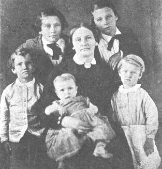 In this 1851, Texas pioneer Mary Adams Maverick is shown with 5 of her children. In 21 years, she bore 10 children. Four died of illness before reaching the age of 8. Her first-born, Sam, Jr., lived to be 98.