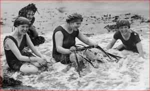 Wearing modern one-piece suits inspired by swimmer Annette Kellerman, women bathers gather seaweed and laugh.  Aberystwyth, Cardiganshire in Wales, 1916