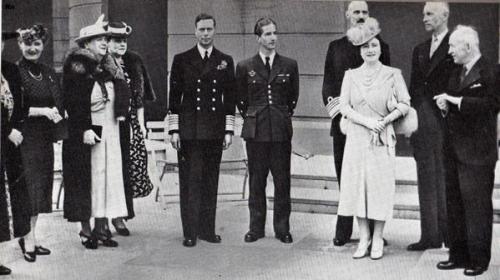 The Exiled Royals with the King and Queen of England, WWII (photo undated). From left to right: Queen Marie of Yugoslavia,Miss Benesj,Queen Wilhelmina of the Netherlands,Miss Raczkiewicz,King George VI of England,King Peter of Yugoslavia,King Haakon of Norway, Queen Elizabeth (The Queen mother) of England, the President of Poland, M. Raczkiewicz and Dr. Benesj, President of Tsjecho- Slovakia.