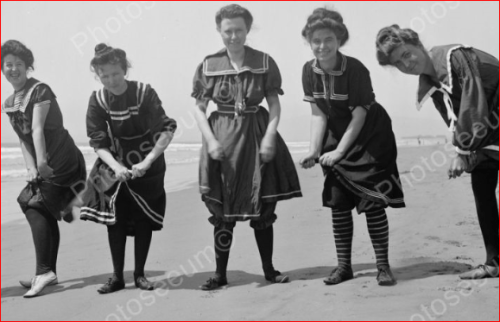 Women wearing Victorian swimwear and keeping their legs hidden from male view. 1905, origin unknown