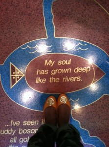 A quote from "A Negro Speaks of Rivers," by Langston Hughes appears in the cosmogram in the Langston Hughes Building Lobby.