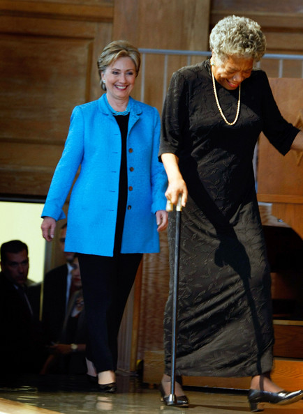 Maya Angelou campaigns for Democratic Presidential Candidate Hillary Clinton prior to the crucial Pennsylvania Primary, 2008. Even though Ms. Angelou walks with a cane, you can see that she is a towering figure at 6 feet tall.