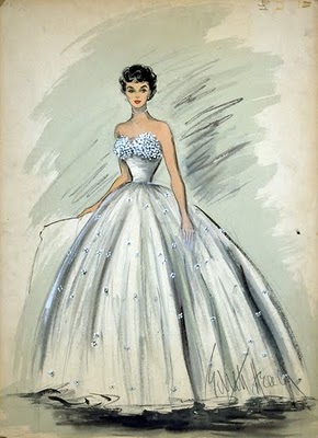 An Edith Head sketch of Elizabeth Taylor's white tulle gown in "A Place in the Sun." (1952)
