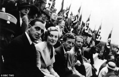 British citizens at the Nuremberg Rally, Germany, ca. 1935-35. Second from left is Diana Mitford, who marries Sir Oswald Mosley. Third from left is journalist Michael ("Micky") Burn.