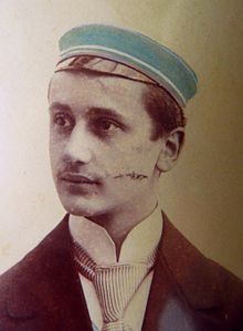 An 1896 picture of a German Corpsstudent (Adolf Hoffmann-Heyden, 1877-1964), showing an extensive fresh fencing scar and some minor old ones, badges of honor at the time.