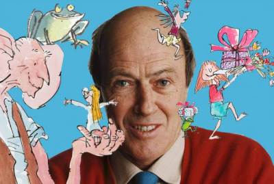 Roald Dahl (1916-1990), one of the world's best storytellers for children, among illustrations for his books by Quentin Blake. Undated photo.